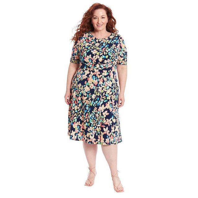 Plus Size London Times Floral Print Elbow Sleeve Inset Waist Midi Dress, Womens Product Image