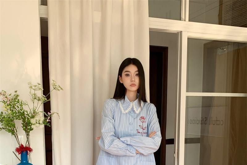 Long Sleeve Peter Pan Collar Striped Mock Two Piece Shirt Dress Product Image