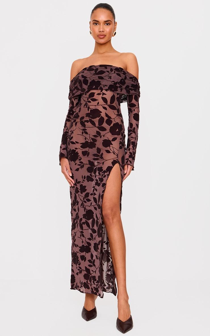 Chocolate Devore Bardot Long Sleeve Maxi Dress Product Image