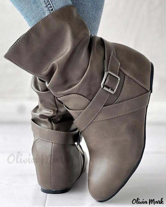 Olivia Mark – Classic Round Toe Buckle-Accented Ankle Boots Product Image