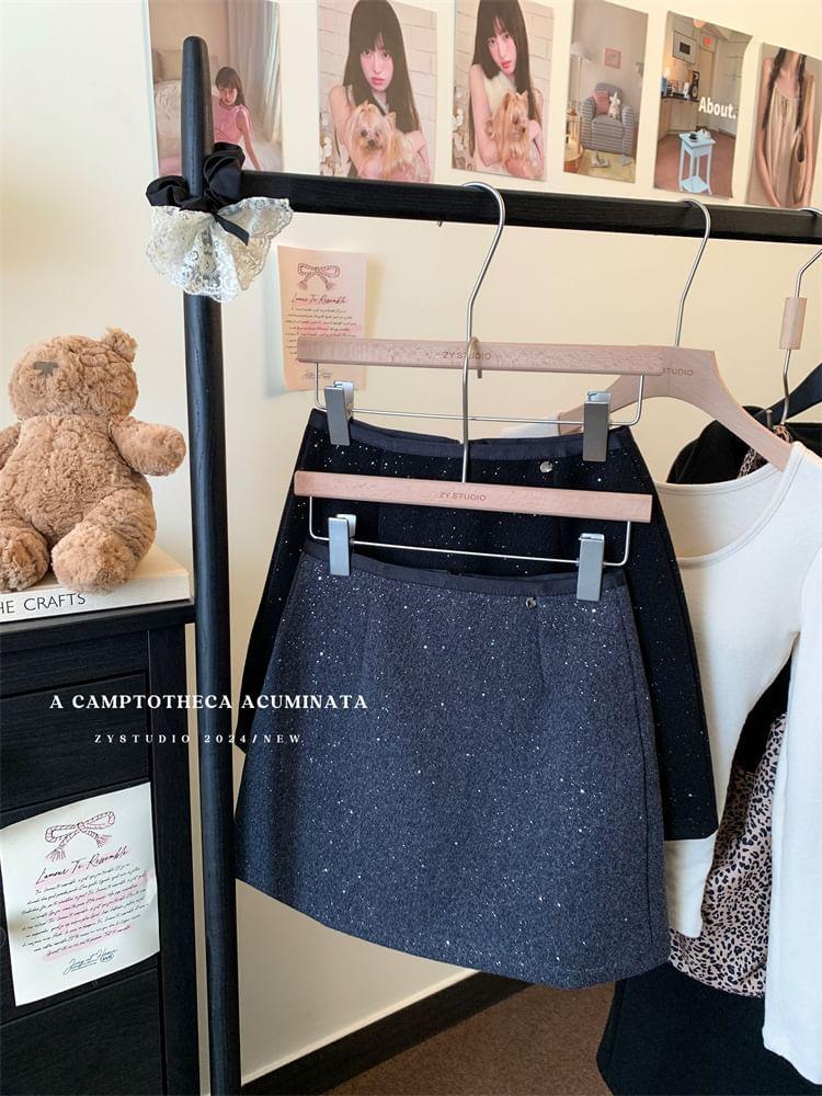 High Rise Plain Glitter Mini A-Line Skirt Product Image