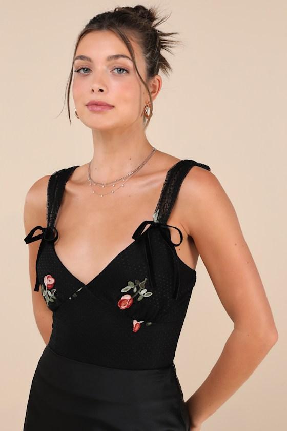 Compellingly Romantic Black Mesh Embroidered Floral Bow Bodysuit Product Image