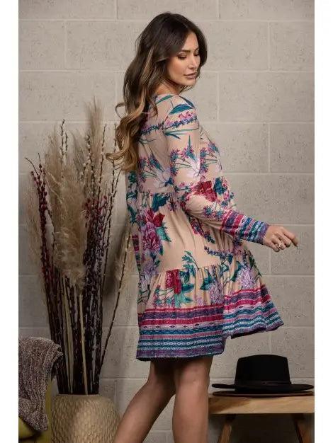 Floral Print Square Neck Long Sleeves Midi Dress Female Product Image