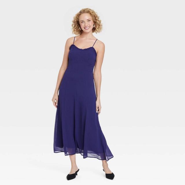 Womens Chiffon Ruffle Maxi Dress - A New Day Navy L Product Image