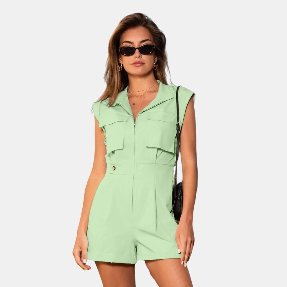 Women's Collared Front Button Straight Leg Romper - Cupshe-S-Green Product Image