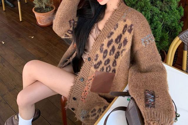 V-Neck Leopard Patterned Fringe Cardigan Product Image