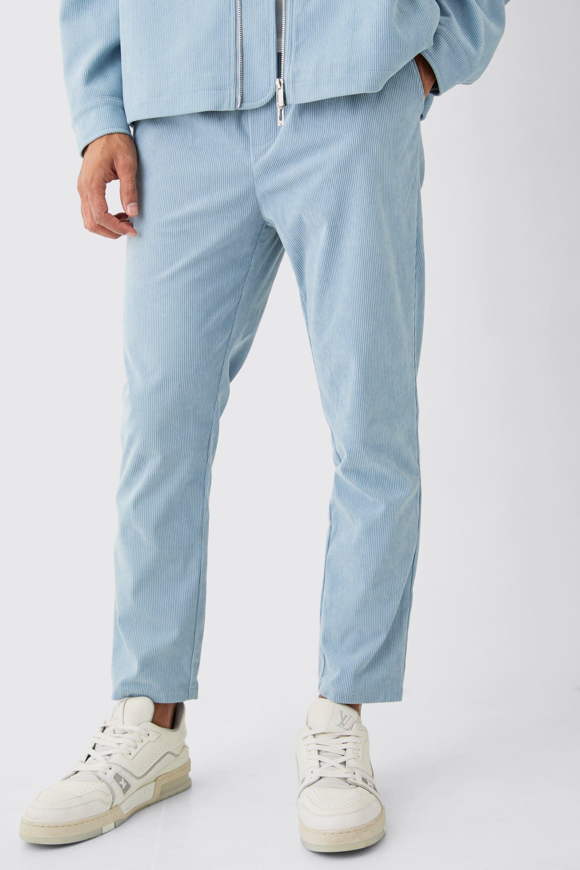 Mens Blue Corduroy Elasticated Waist Tapered Trousers, Blue Product Image