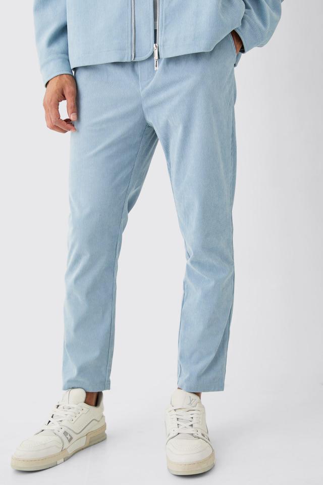 Mens Blue Corduroy Elasticated Waist Tapered Trousers, Blue Product Image