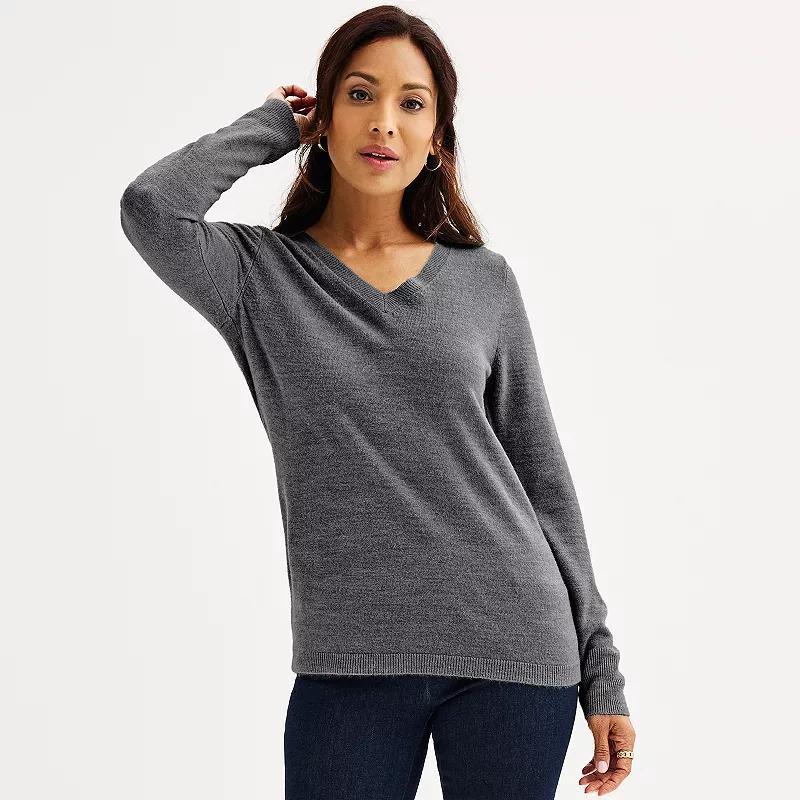 Petite Croft & Barrow The Extra Soft V-Neck Sweater, Womens Gray Grey Product Image