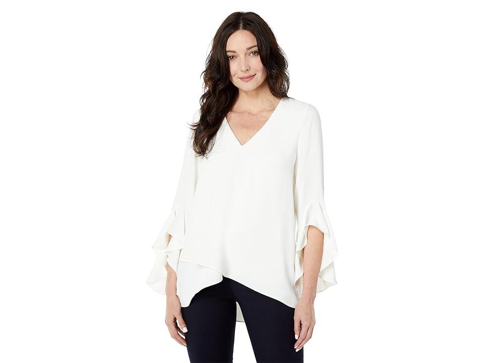 Vince Camuto Womens Printed V-Neck 3/4-Flutter Sleeve Blouse Product Image