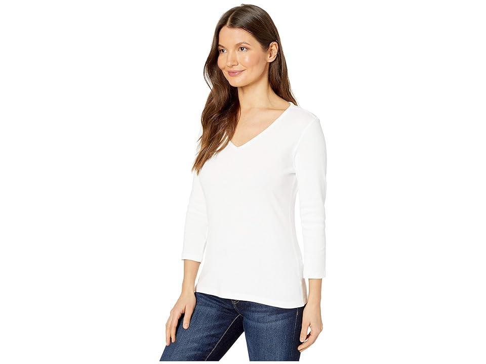 Lilla P 1x1 Rib 3/4 Sleeve V-Neck Top (White) Women's Clothing Product Image