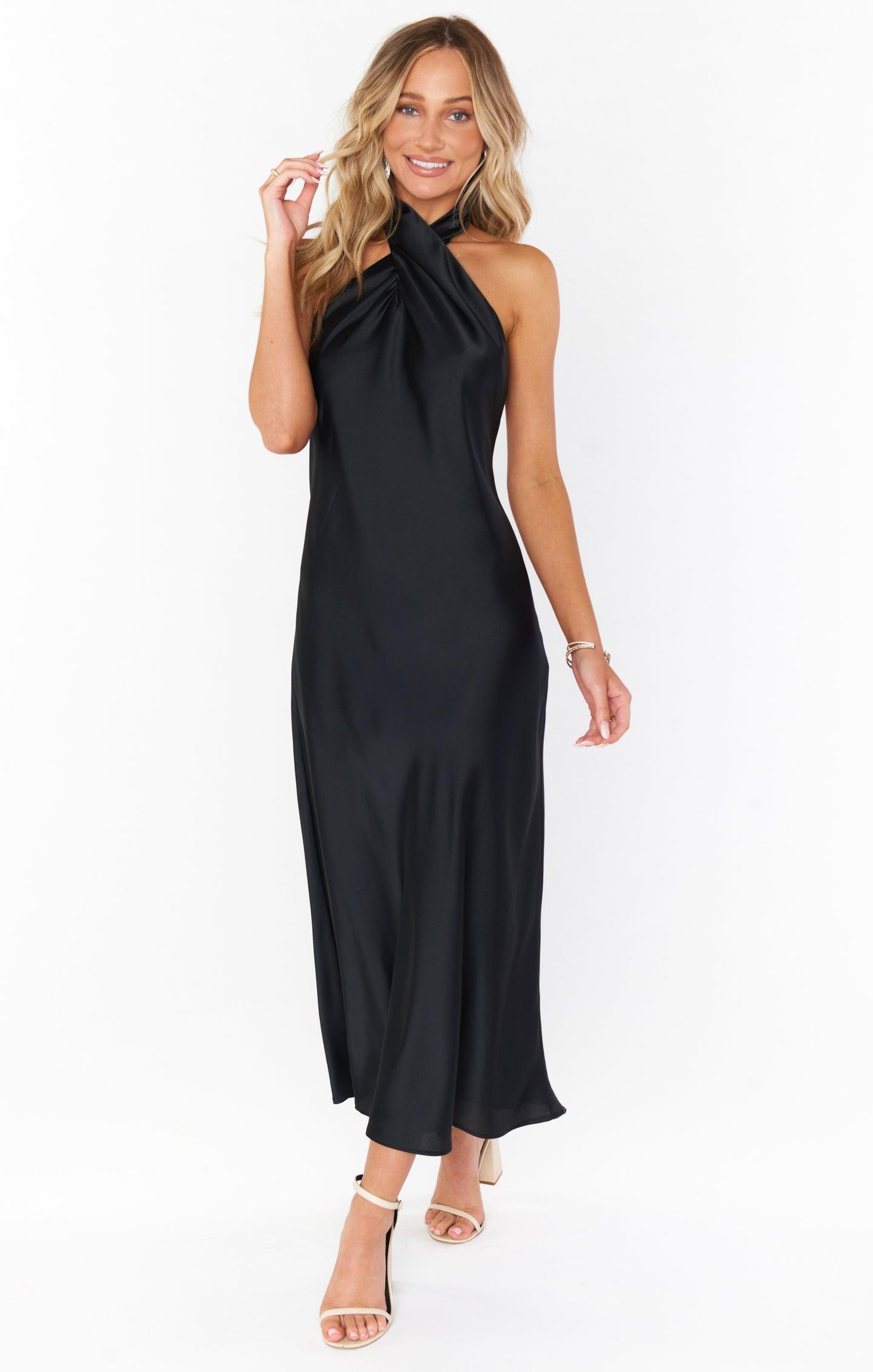 Jasmine Halter Midi Dress ~ Black Luxe Satin Product Image