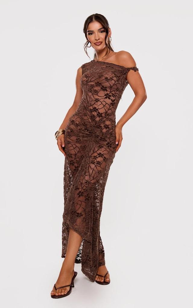 Brown Lace Off The Shoulder Ruched Maxi Dress Product Image