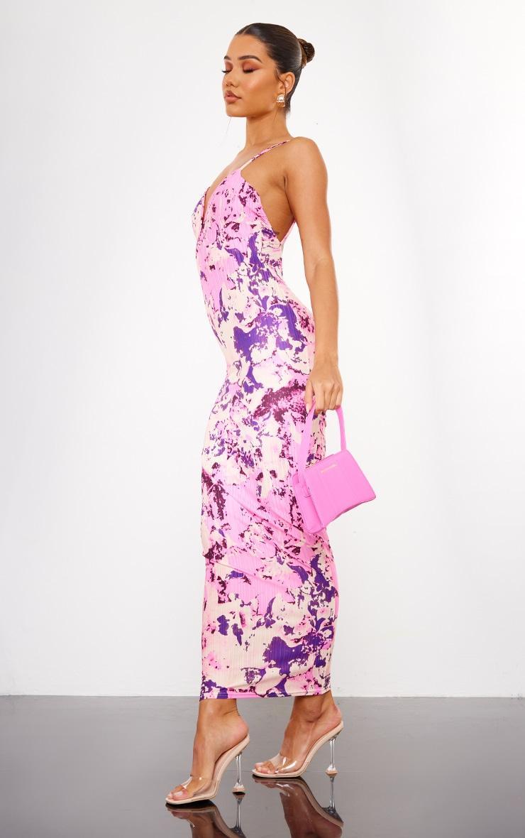 Purple Abstract Plisse Wired Plunge Ruched Bum Maxi Dress Product Image