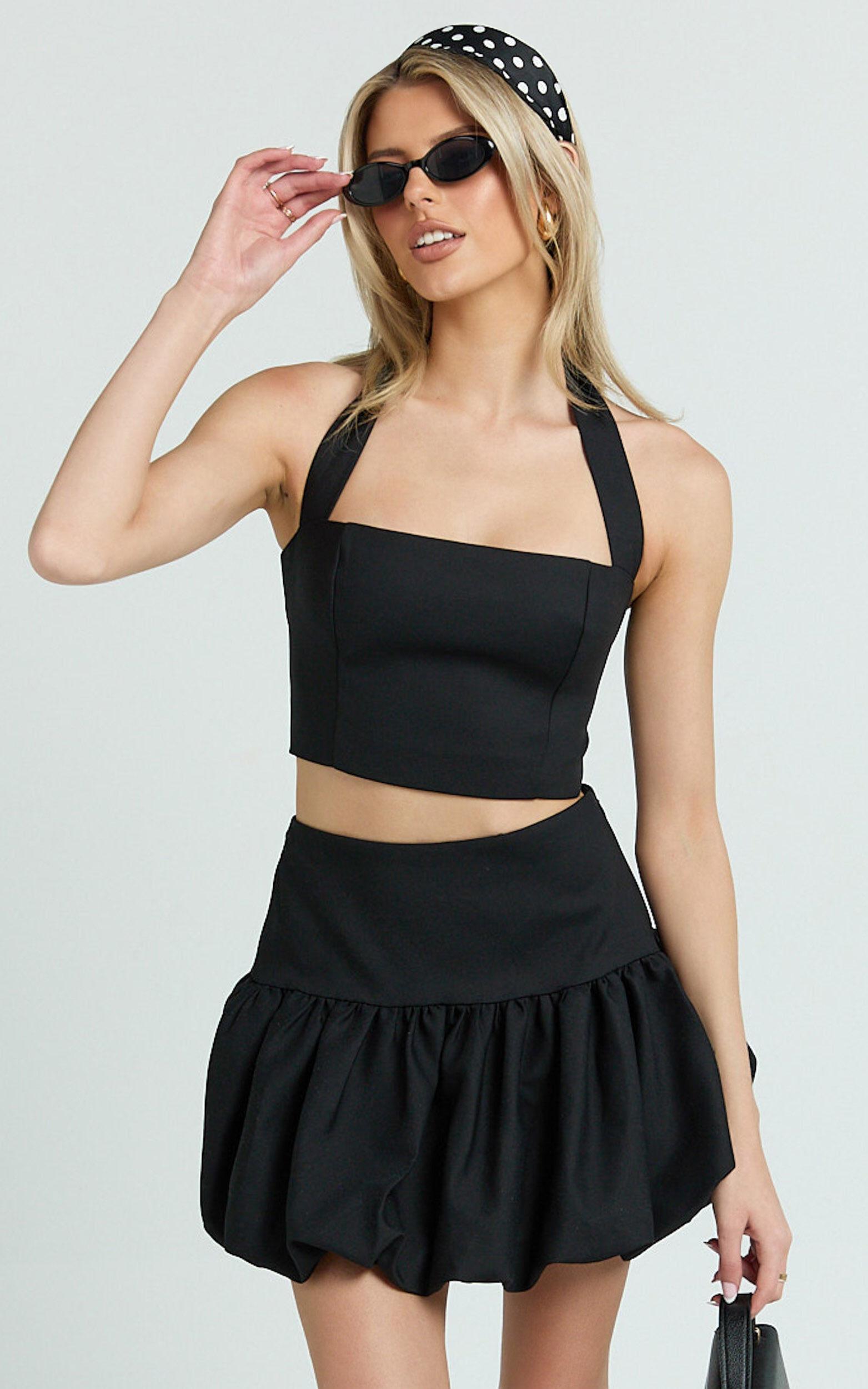 Abellina Mini Skirt - High Waist Bubble Hem Skirt in Black Product Image