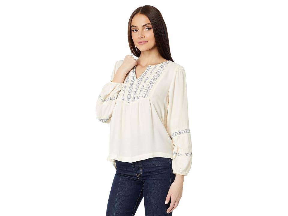 Lucky Brand Geo Embroidered Babydoll Top (Eggnog) Women's Clothing Product Image