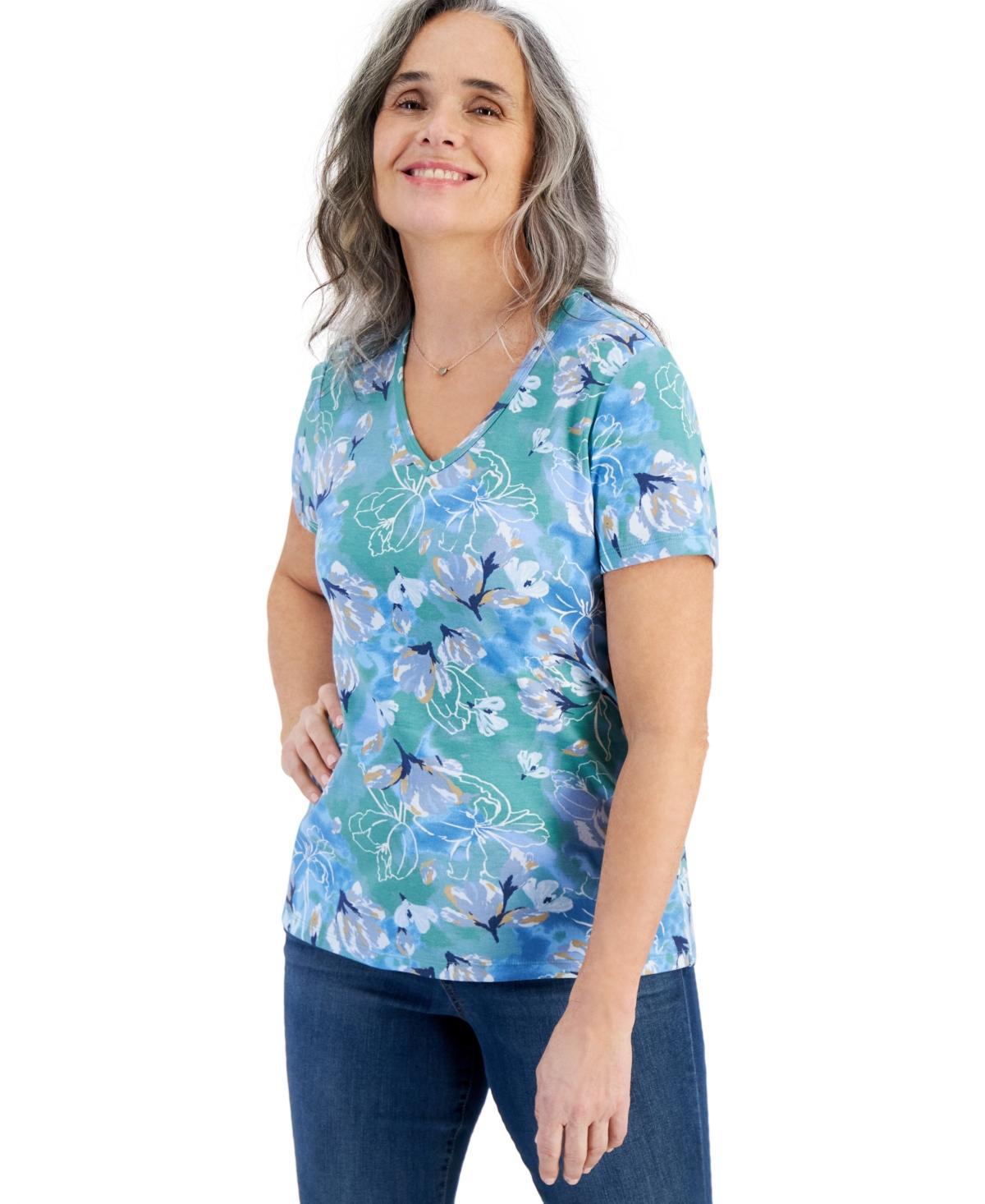 Style & Co Womens Short Sleeve Printed V-Neck Top, Created for Macys Product Image