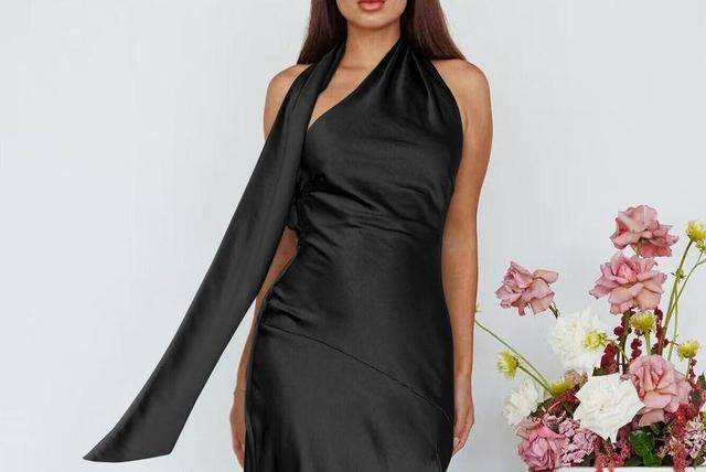 Halter Scarf Neck Plain Slit Satin Midi Sheath Dress Product Image