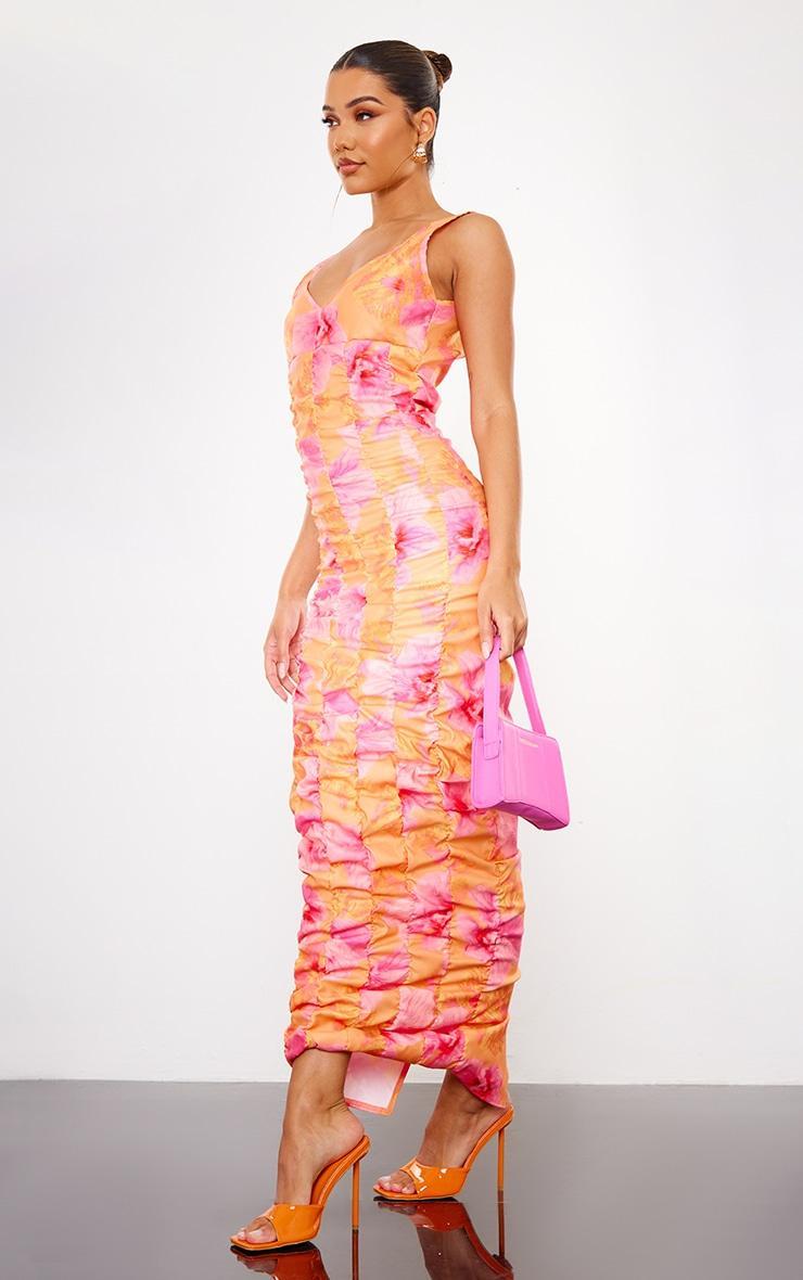 Pink Floral Printed Extreme Ruched Midaxi Dress Product Image