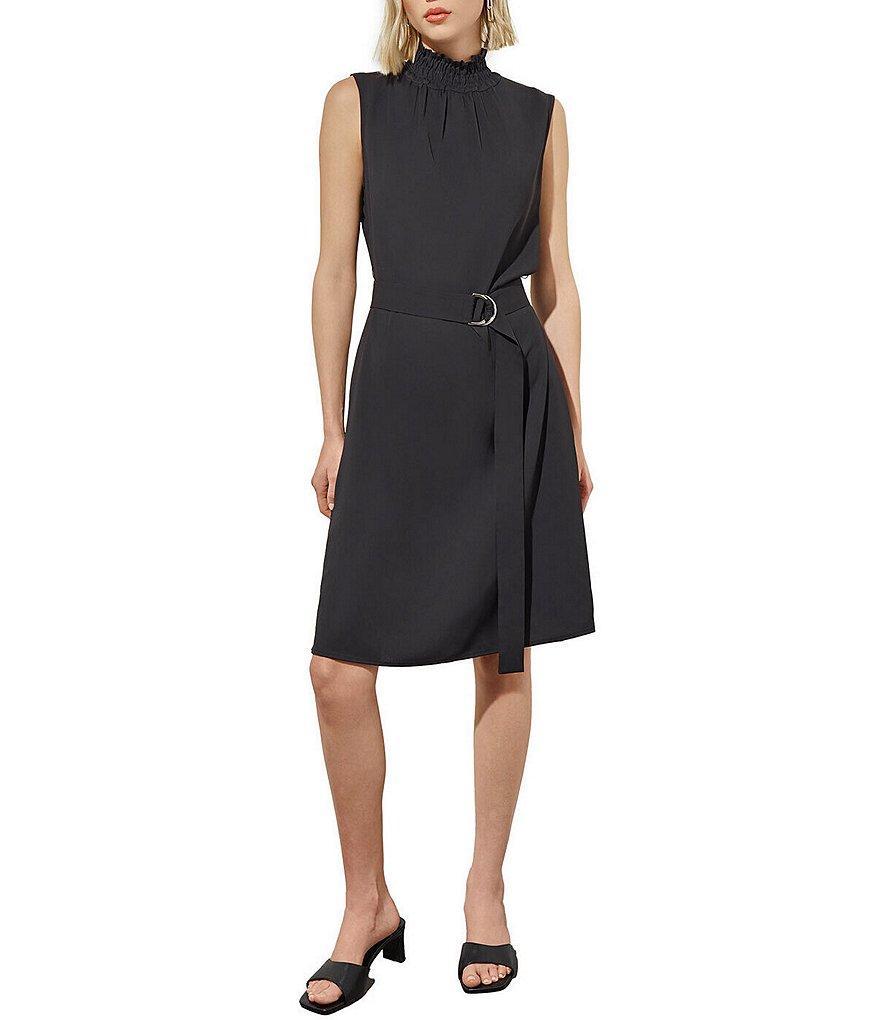 Ming Wang Crepe De Chine Woven Ruffle Mock Neck Sleeveless Belted A-Line Dress Product Image