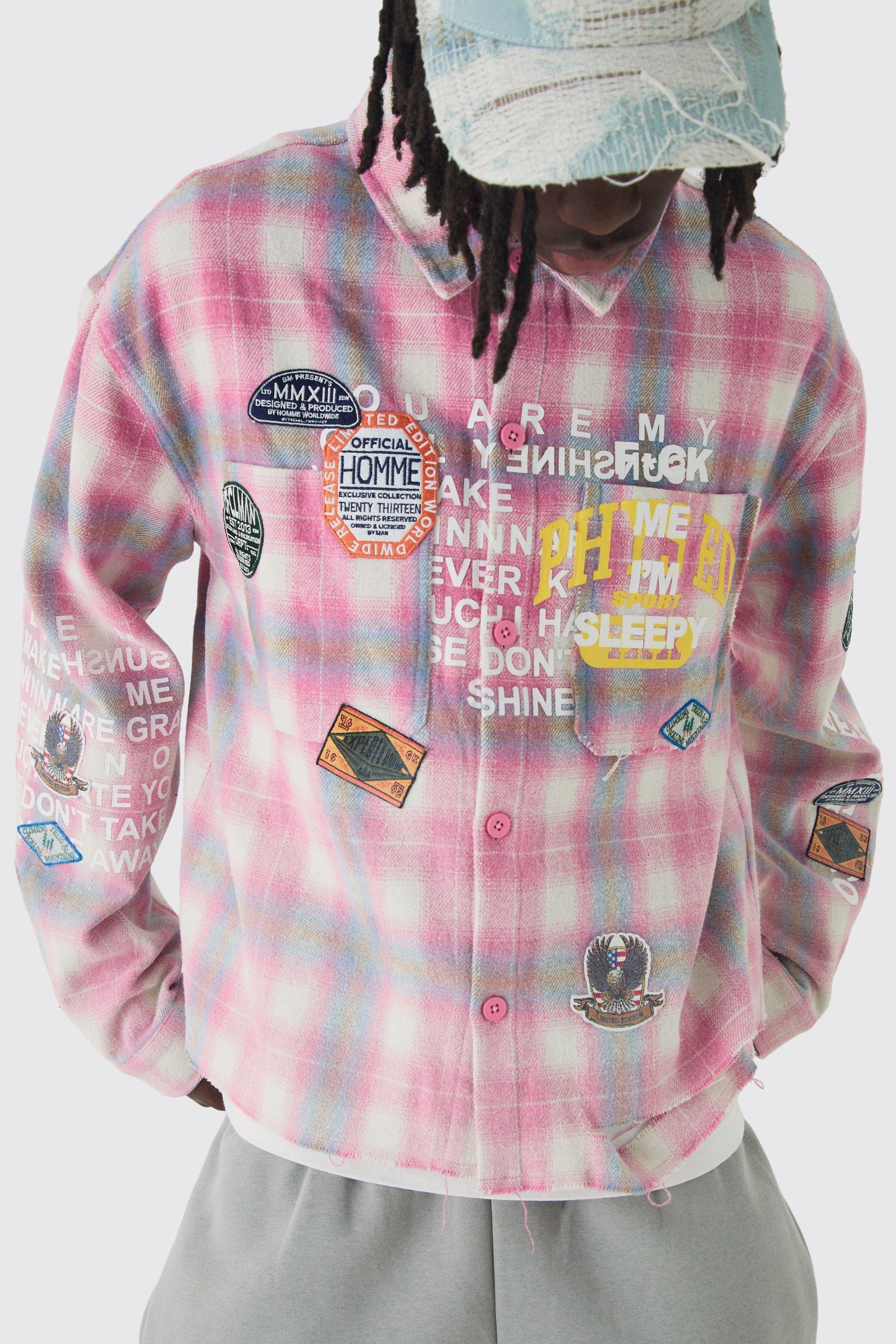 Mens Pink Oversized Boxy Badge Applique Distressed Overdye Check Shirt, Pink Product Image