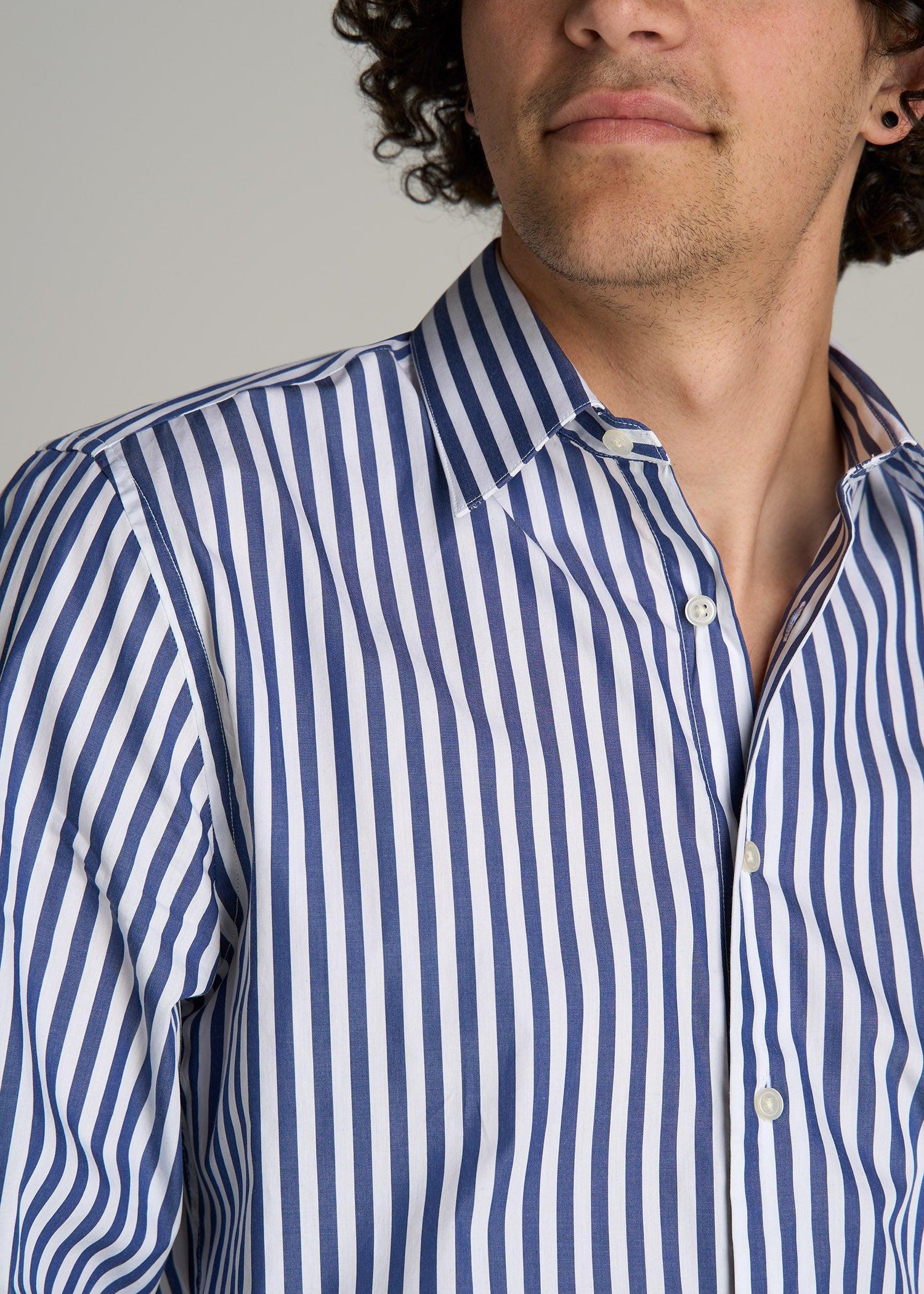 Premium Dress Shirt for Tall Men in Bold Blue Stripe Product Image