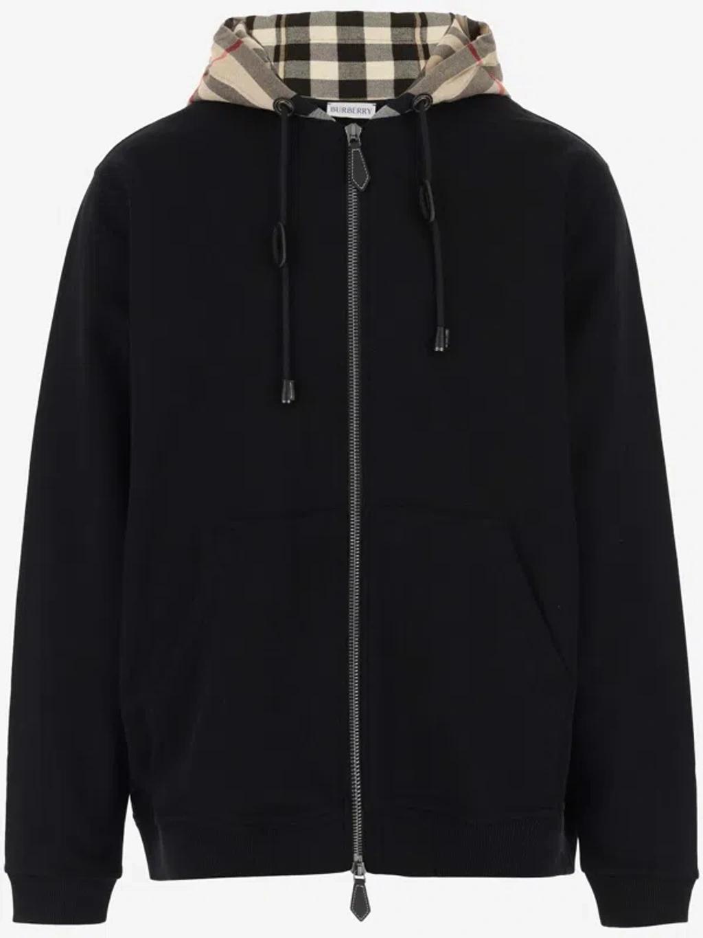 Cotton Hoodie With Check Pattern In Black Product Image