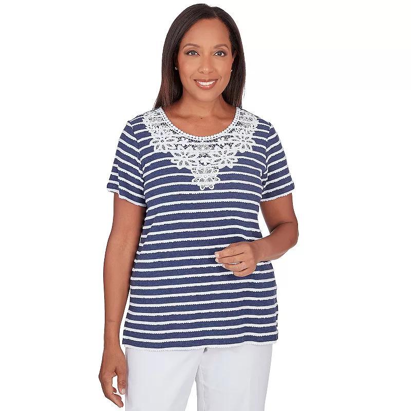 Womens Alfred Dunner Lace Neck Striped Split Hem Tee Blue Product Image