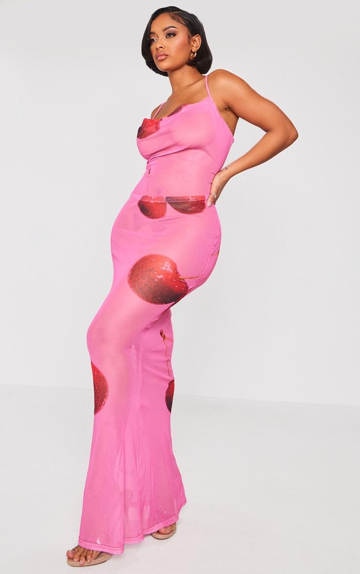 Shape Bright Pink Cherry Printed Mesh Cowl Neck Maxi Dress Product Image