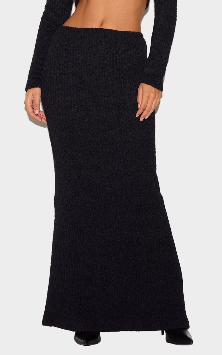 Black Textured Soft Rib Mid Rise Maxi Skirt Product Image