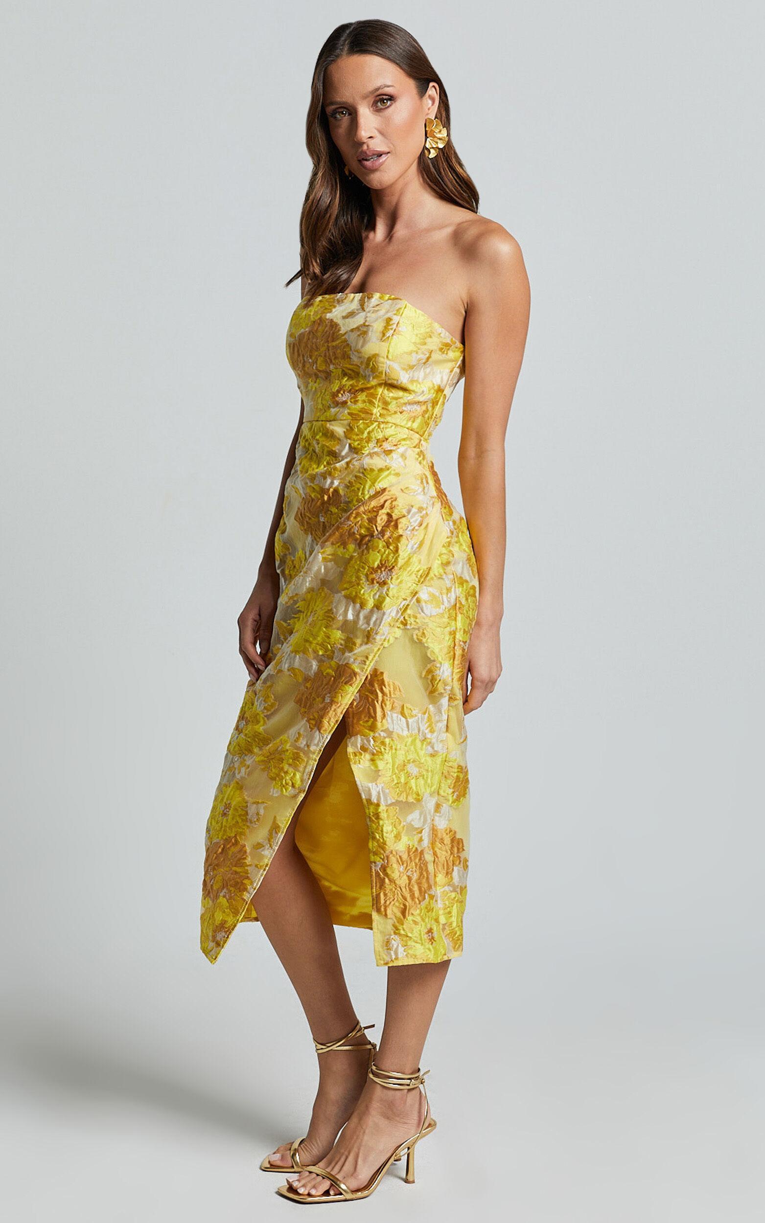 Brailey Midi Dress - Thigh Split Strapless Dress in Yellow Jacquard Product Image