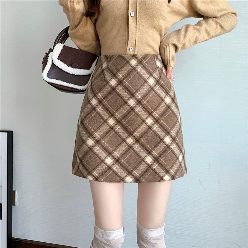 High Waist Plaid Mini A-Line Skirt Product Image