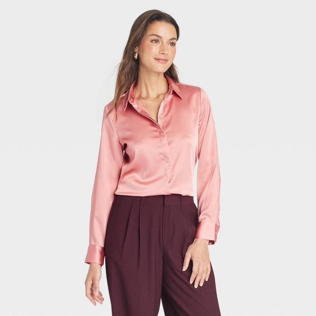 Womens Long Sleeve Button-Down Satin Shirt - A New Day Dusty Pink Product Image