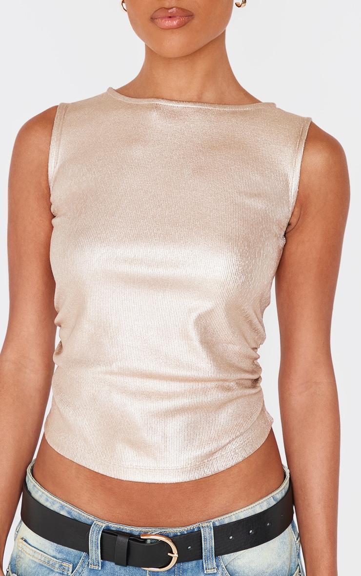 Gold Metallic Rib Boatneck Ruched Side Long Top Product Image