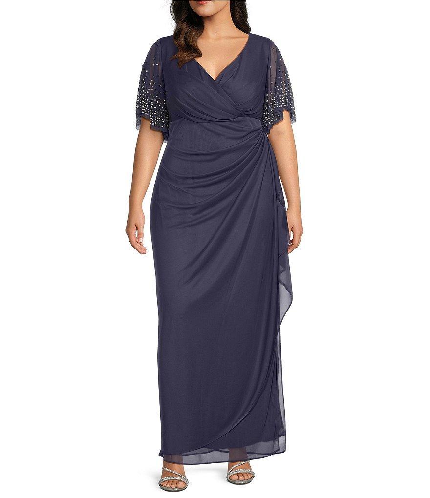 Alex Evenings Plus Size Embellished Short Flutter Sleeve V-Neck Ruched Waist Empire Waist Gown Product Image