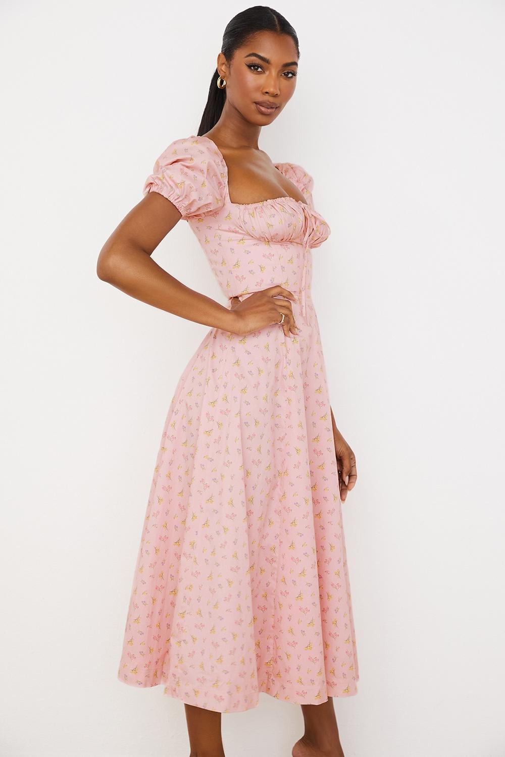 Tallulah Pink Floral Puff Sleeve Midi Dress Product Image