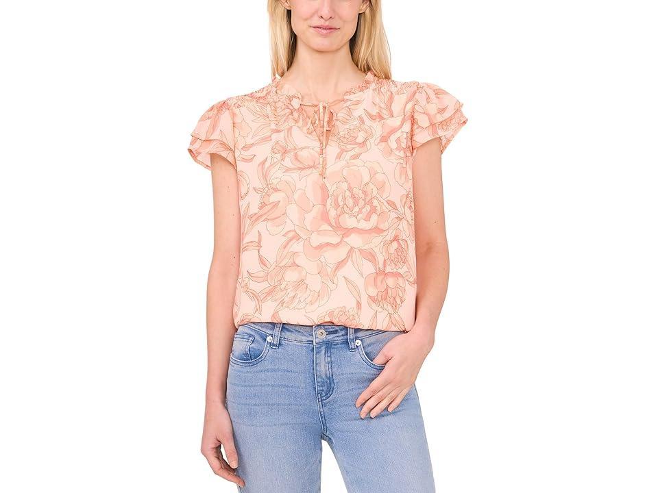 CeCe Printed Tie Neck Smocked Shoulder Blouse (Sweet Rose) Women's Clothing Product Image