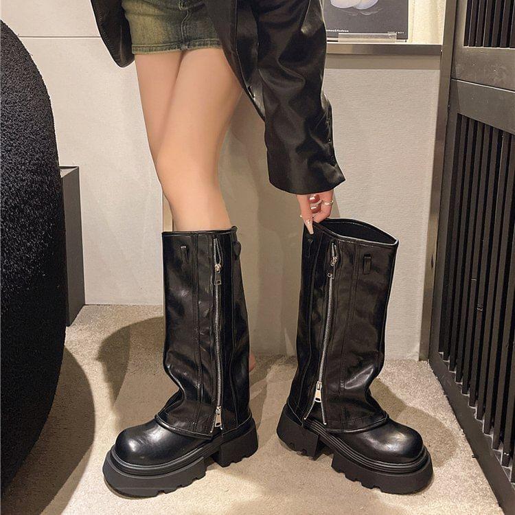 Platform Buckled Panel Zip Knee High Boots product image