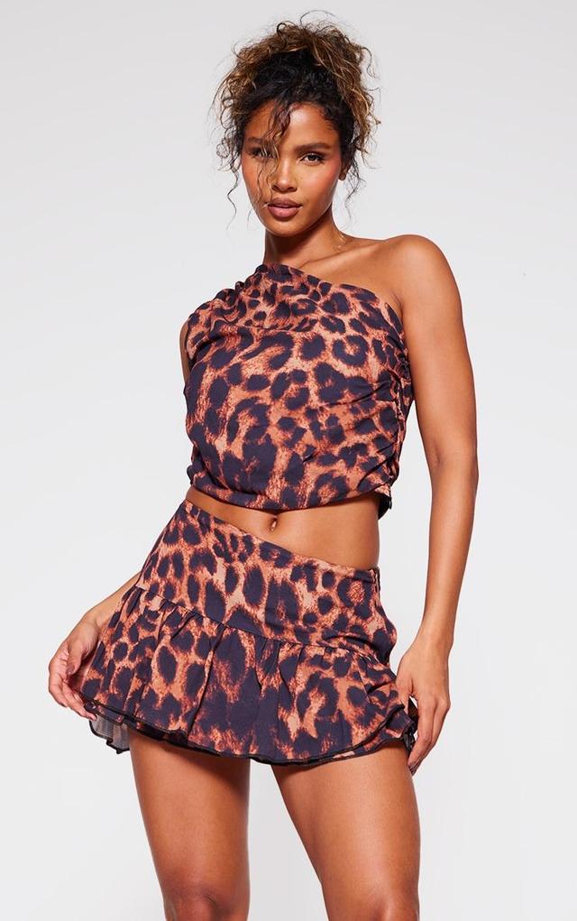 Brown Leopard Print Chiffon One Shoulder Top Product Image