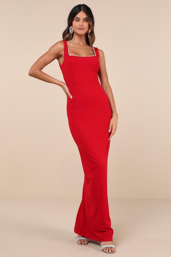 Timeless Poise Red Rhinestone Square Neck Backless Maxi Dress Product Image