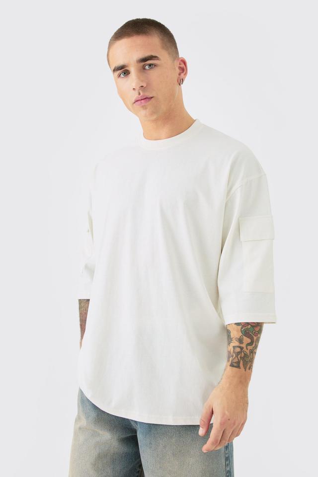 Mens Cream Oversized Cargo Pocket Half Sleeve T-shirt, Cream Product Image