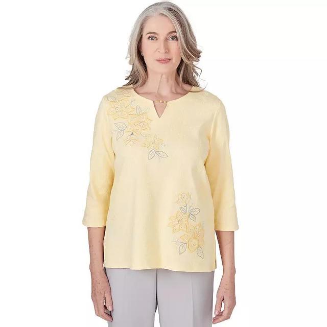 Petite Alfred Dunner Three Quarter Sleeve Top with Embroidered Floral Details, Womens Product Image