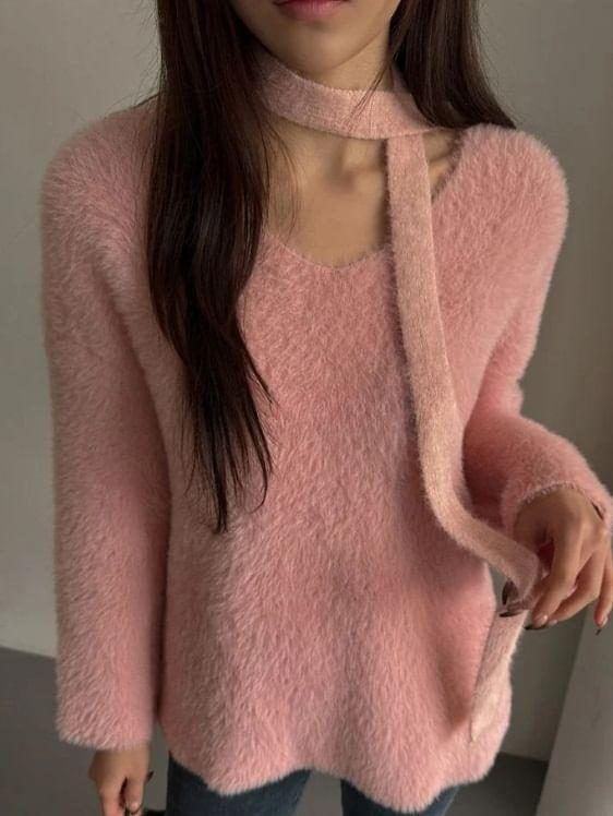 Long Sleeve V-Neck Plain Fleece Loose-Fit Sweater Product Image