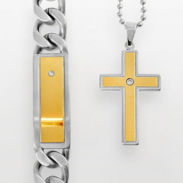 Stainless Steel and Yellow Immersion-Plated Stainless Steel Cubic Zirconia ID Bracelet and Cross Pendant Set, Mens Multicolor Product Image