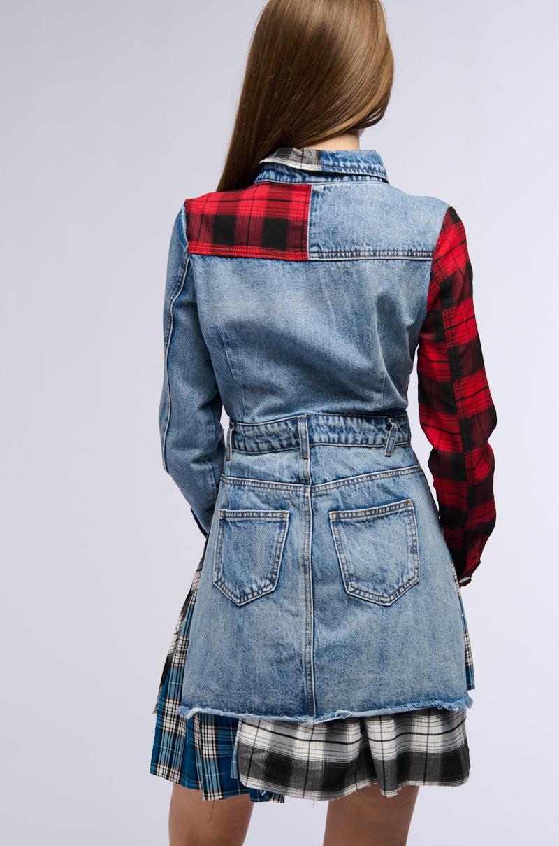 PATCHWORK PLAID DENIM MINI DRESS Product Image