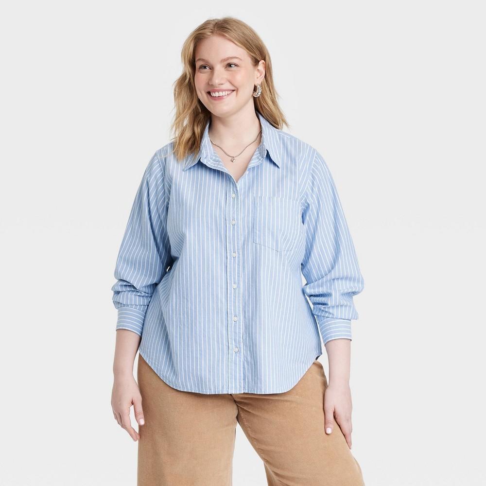 Womens Long Sleeve Collared Button-Down Shirt - Universal Thread Blue Striped 1X Product Image