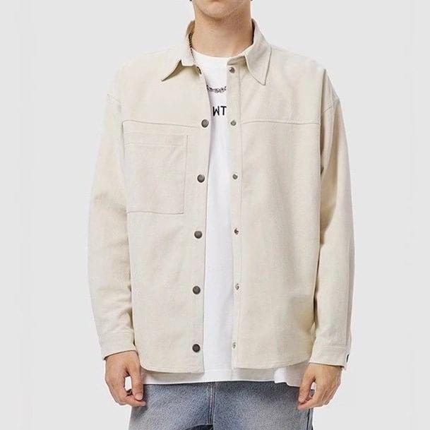 Plain Button-Up Faux Suede Shirt Jacket Product Image