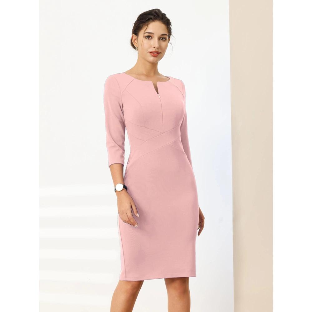 Hobemty Women's Work Zipper Neck Cross Waist-Lined 3/4 Sleeve Midi Pencil Dresses Pink XX-Large Product Image