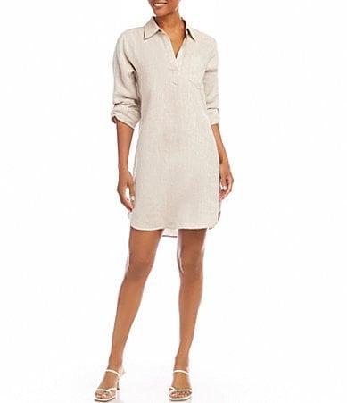 Karen Kane Linen Point Collar Chest Patch Pocket Long Roll-Tab Sleeve Shirt Dress Product Image