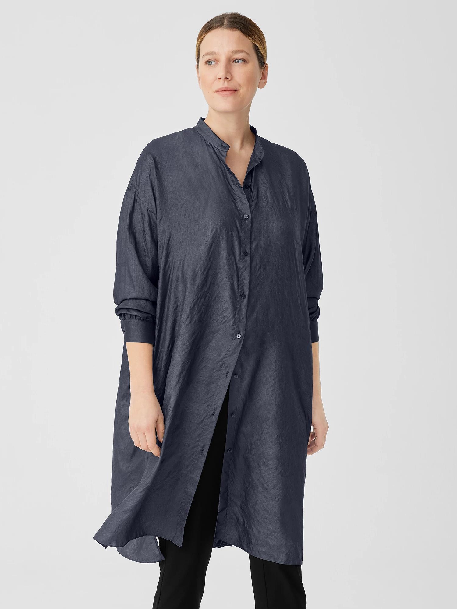 Washed Silk Tussah Mandarin Collar Shirtdress Product Image